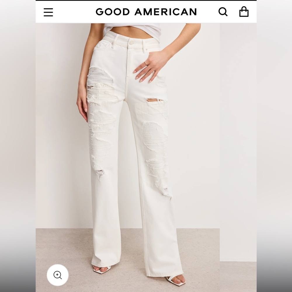 Good American White Distressed Wide-Leg Jeans